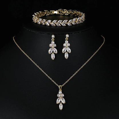 Classic Luxury Gold Color Bling Leaf Cubic Zirconia Jewelry Sets