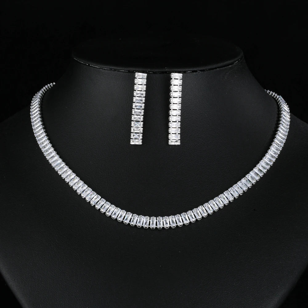 Gorgeous Cubic Zirconia White Gold Color Square  Jewelry Set for Brides