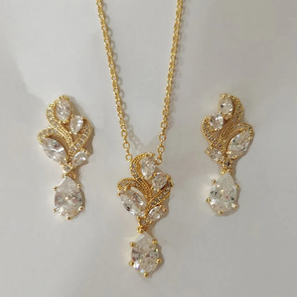 Luxury Cubic Zirconia Flower Crystal Bridal Necklace Water Drop Pendant Earrings Jewelry Set