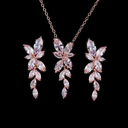 Luxury Cubic Zirconia Flower Crystal Bridal Necklace Water Drop Pendant Earrings Jewelry Set