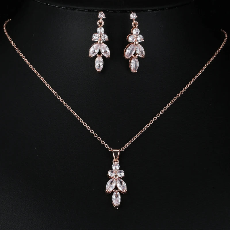 Classic Luxury Gold Color Bling Leaf Cubic Zirconia Jewelry Sets