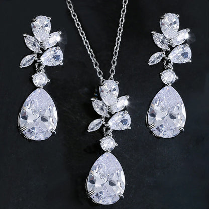 Luxury Cubic Zirconia Flower Crystal Bridal Necklace Water Drop Pendant Earrings Jewelry Set