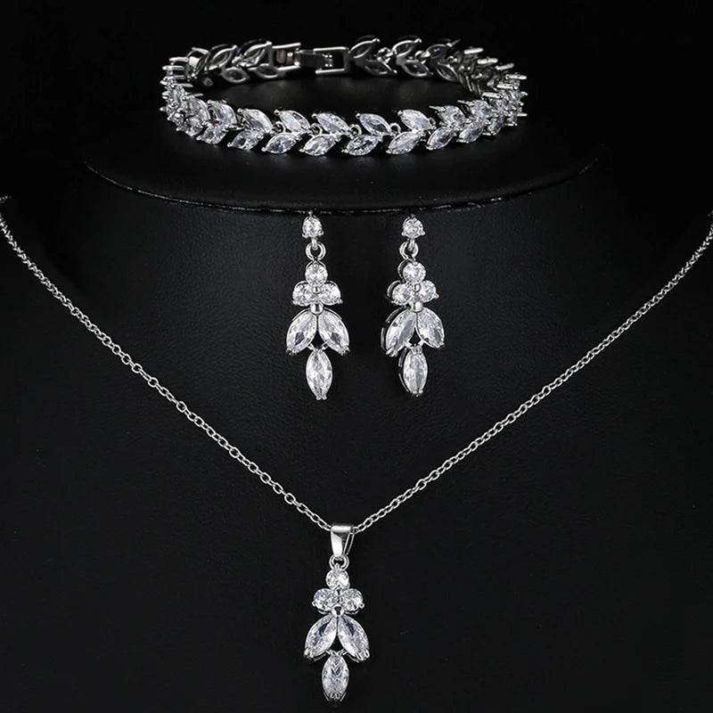 Classic Luxury Gold Color Bling Leaf Cubic Zirconia Jewelry Sets