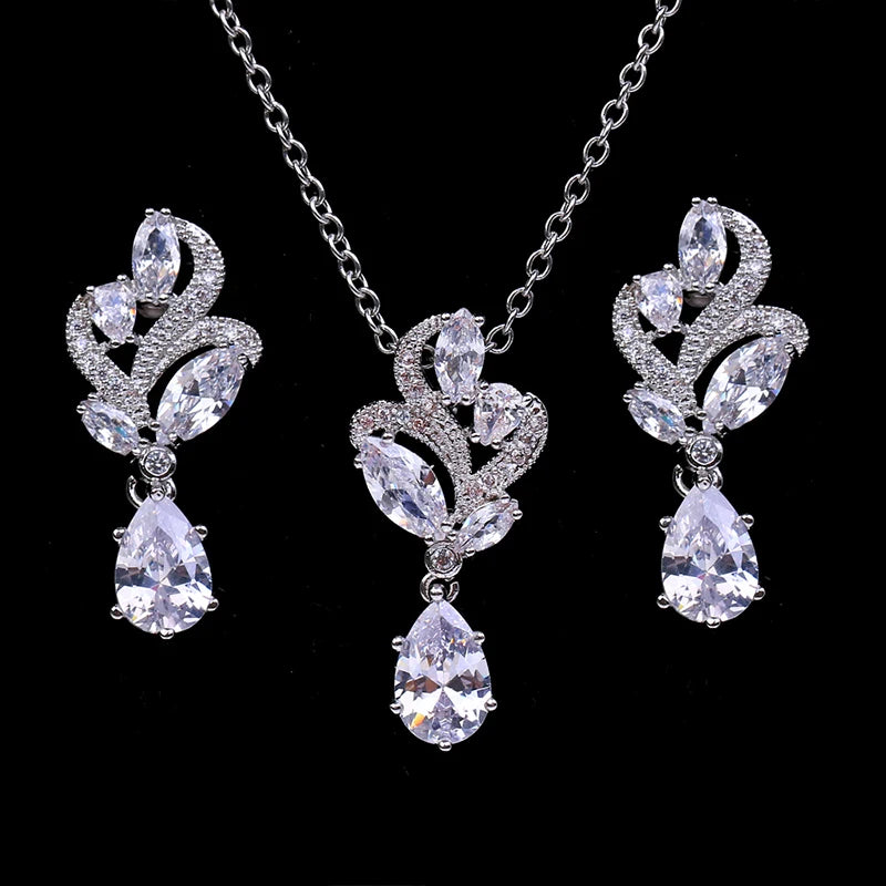 Luxury Cubic Zirconia Flower Crystal Bridal Necklace Water Drop Pendant Earrings Jewelry Set