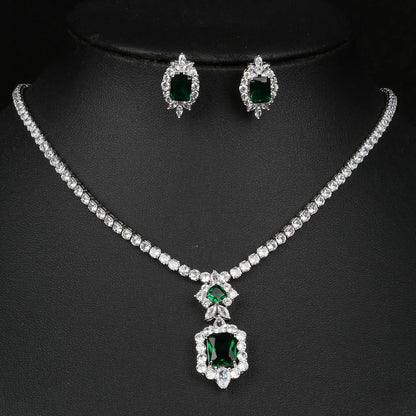 Luxury Emerald Necklace and Earring Set Shinny Cubic Zirconia Jewelry Set