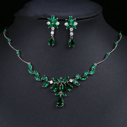 Luxury Emerald Necklace and Earring Set Shinny Cubic Zirconia Jewelry Set