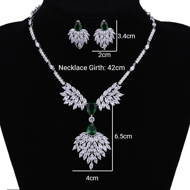 Luxury Emerald Necklace and Earring Set Shinny Cubic Zirconia Jewelry Set