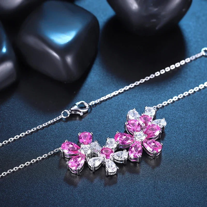 Pink Flower Pattern Necklace 925 Sterling Silver Lab Grown Pink Sapphire Gemstones