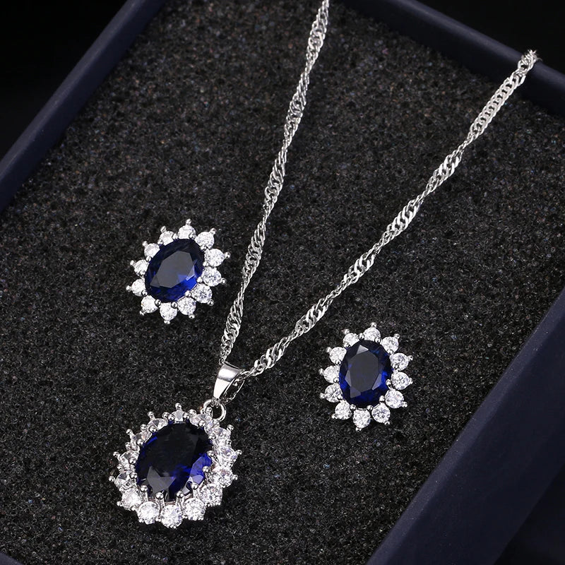 LXOEN Classic Oval Blue Crystal Necklace and Earring Set