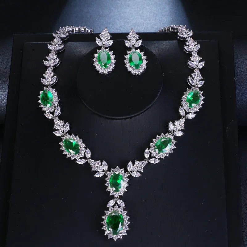 Luxury Emerald Necklace and Earring Set Shinny Cubic Zirconia Jewelry Set