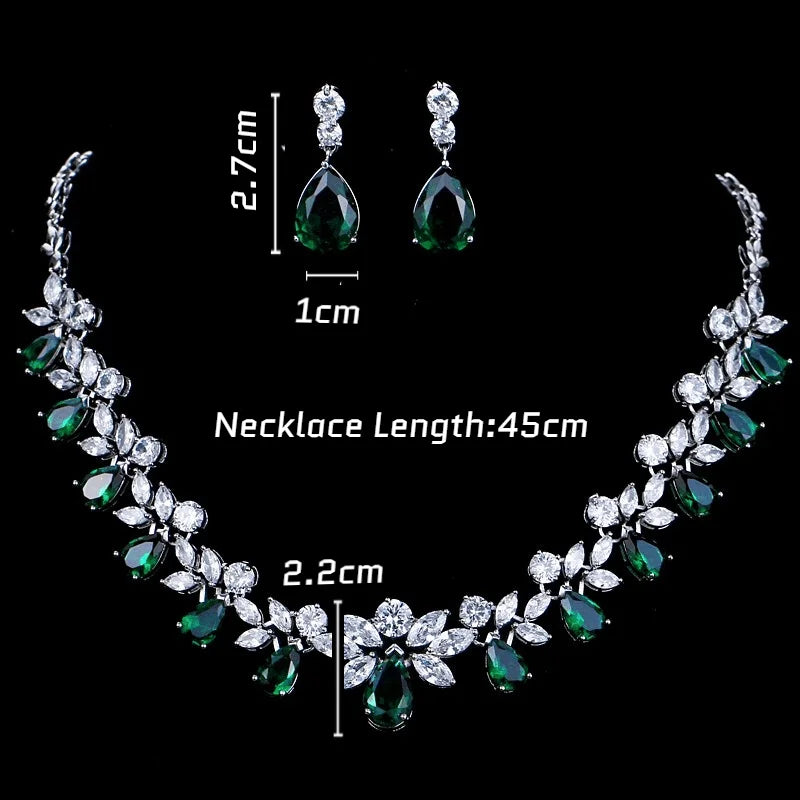 Luxury Emerald Necklace and Earring Set Shinny Cubic Zirconia Jewelry Set