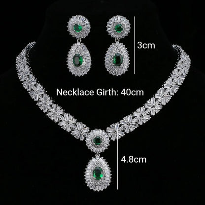 Luxury Emerald Necklace and Earring Set Shinny Cubic Zirconia Jewelry Set