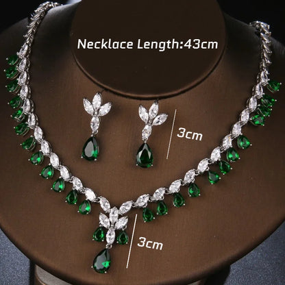 Luxury Emerald Necklace and Earring Set Shinny Cubic Zirconia Jewelry Set