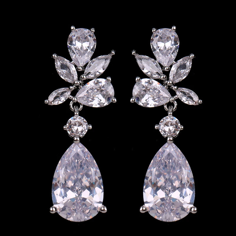 Luxury Cubic Zirconia Flower Crystal Bridal Necklace Water Drop Pendant Earrings Jewelry Set