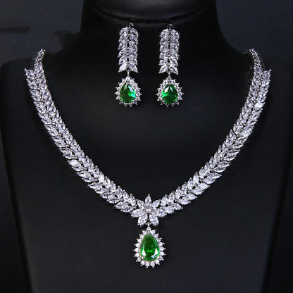 Luxury Emerald Necklace and Earring Set Shinny Cubic Zirconia Jewelry Set