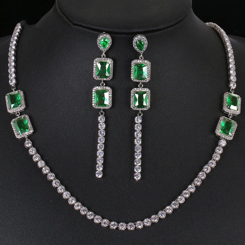 Luxury Emerald Necklace and Earring Set Shinny Cubic Zirconia Jewelry Set