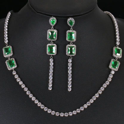 Luxury Emerald Necklace and Earring Set Shinny Cubic Zirconia Jewelry Set