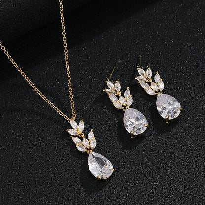 Luxury Cubic Zirconia Flower Crystal Bridal Necklace Water Drop Pendant Earrings Jewelry Set