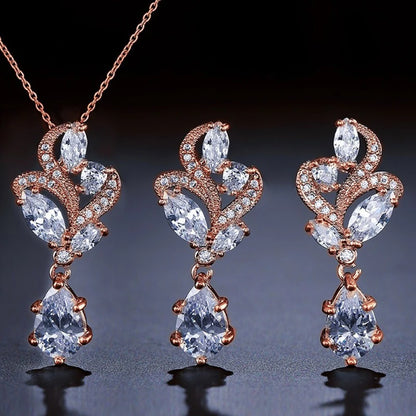 Luxury Cubic Zirconia Flower Crystal Bridal Necklace Water Drop Pendant Earrings Jewelry Set