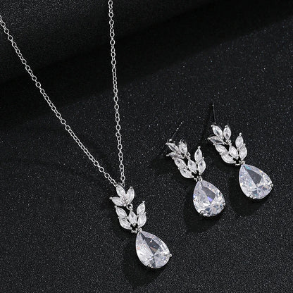 Luxury Cubic Zirconia Flower Crystal Bridal Necklace Water Drop Pendant Earrings Jewelry Set