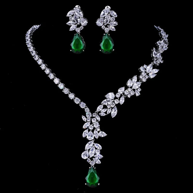 Luxury Emerald Necklace and Earring Set Shinny Cubic Zirconia Jewelry Set