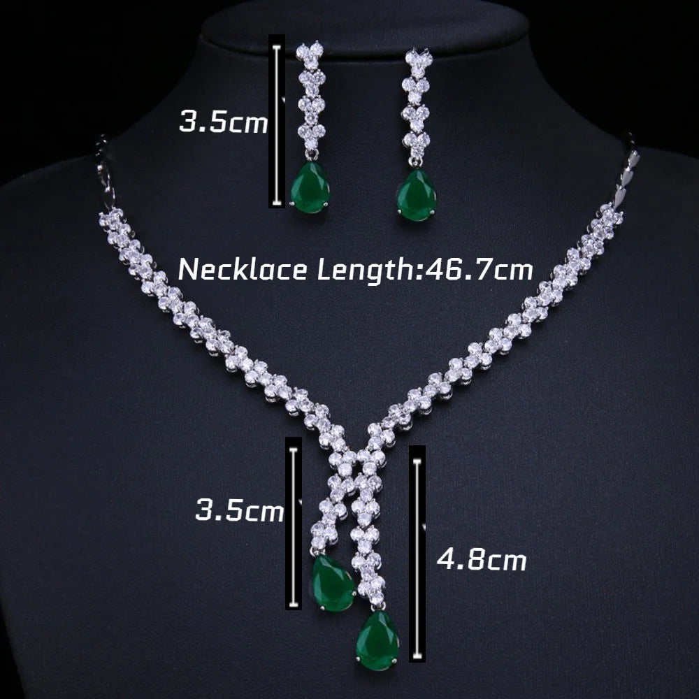 Luxury Emerald Necklace and Earring Set Shinny Cubic Zirconia Jewelry Set