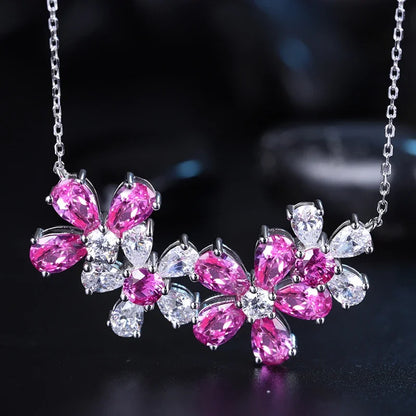 Pink Flower Pattern Necklace 925 Sterling Silver Lab Grown Pink Sapphire Gemstones