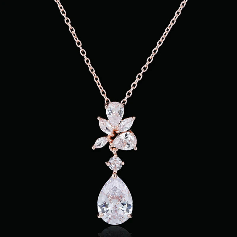 Luxury Cubic Zirconia Flower Crystal Bridal Necklace Water Drop Pendant Earrings Jewelry Set