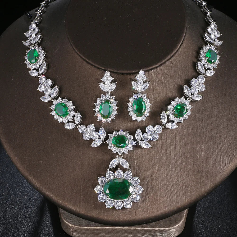 Luxury Emerald Green Necklace and Earring Set Shininy Cubic Zirconia Jewelry Set