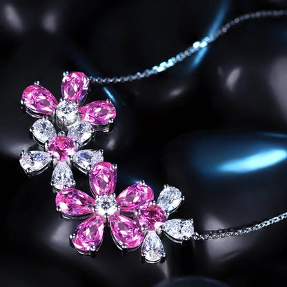 Pink Flower Pattern Necklace 925 Sterling Silver Lab Grown Pink Sapphire Gemstones