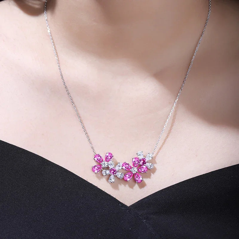 Pink Flower Pattern Necklace 925 Sterling Silver Lab Grown Pink Sapphire Gemstones