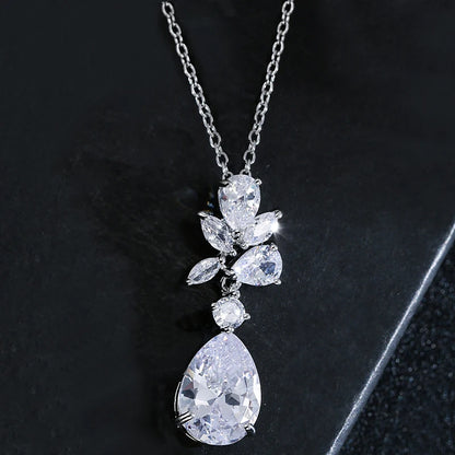 Luxury Cubic Zirconia Flower Crystal Bridal Necklace Water Drop Pendant Earrings Jewelry Set