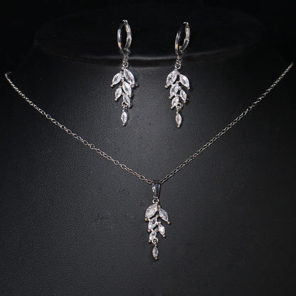 Leaves Jewelry Set for Women Zirconia Dangle Drop Earring and Necklace