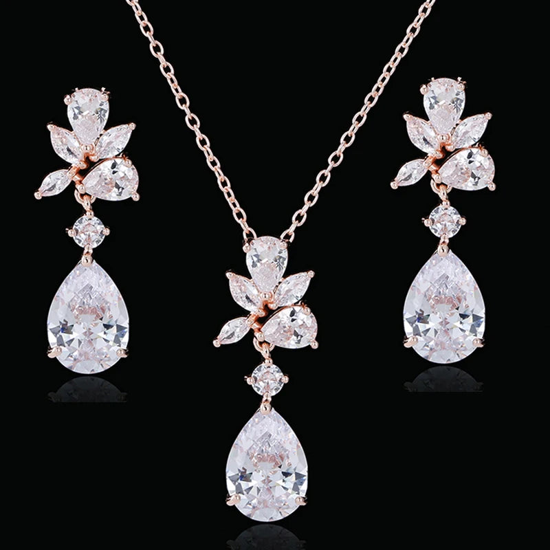 Luxury Cubic Zirconia Flower Crystal Bridal Necklace Water Drop Pendant Earrings Jewelry Set