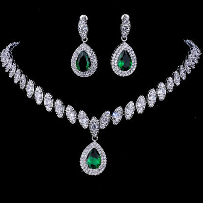 Luxury Emerald Necklace and Earring Set Shinny Cubic Zirconia Jewelry Set