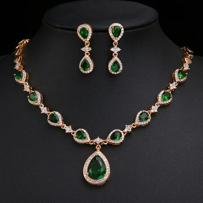 Luxury Emerald Necklace and Earring Set Shinny Cubic Zirconia Jewelry Set