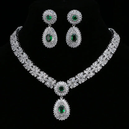 Luxury Emerald Necklace and Earring Set Shinny Cubic Zirconia Jewelry Set