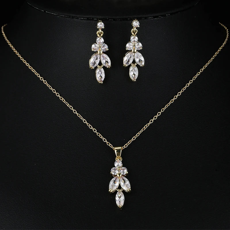 Classic Luxury Gold Color Bling Leaf Cubic Zirconia Jewelry Sets