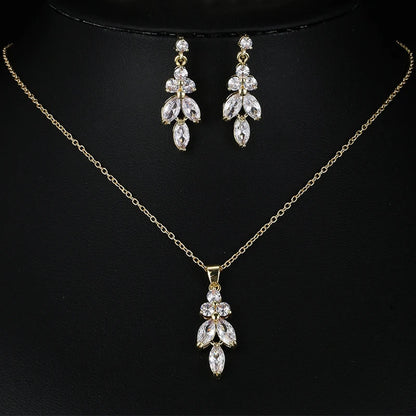 Classic Luxury Gold Color Bling Leaf Cubic Zirconia Jewelry Sets