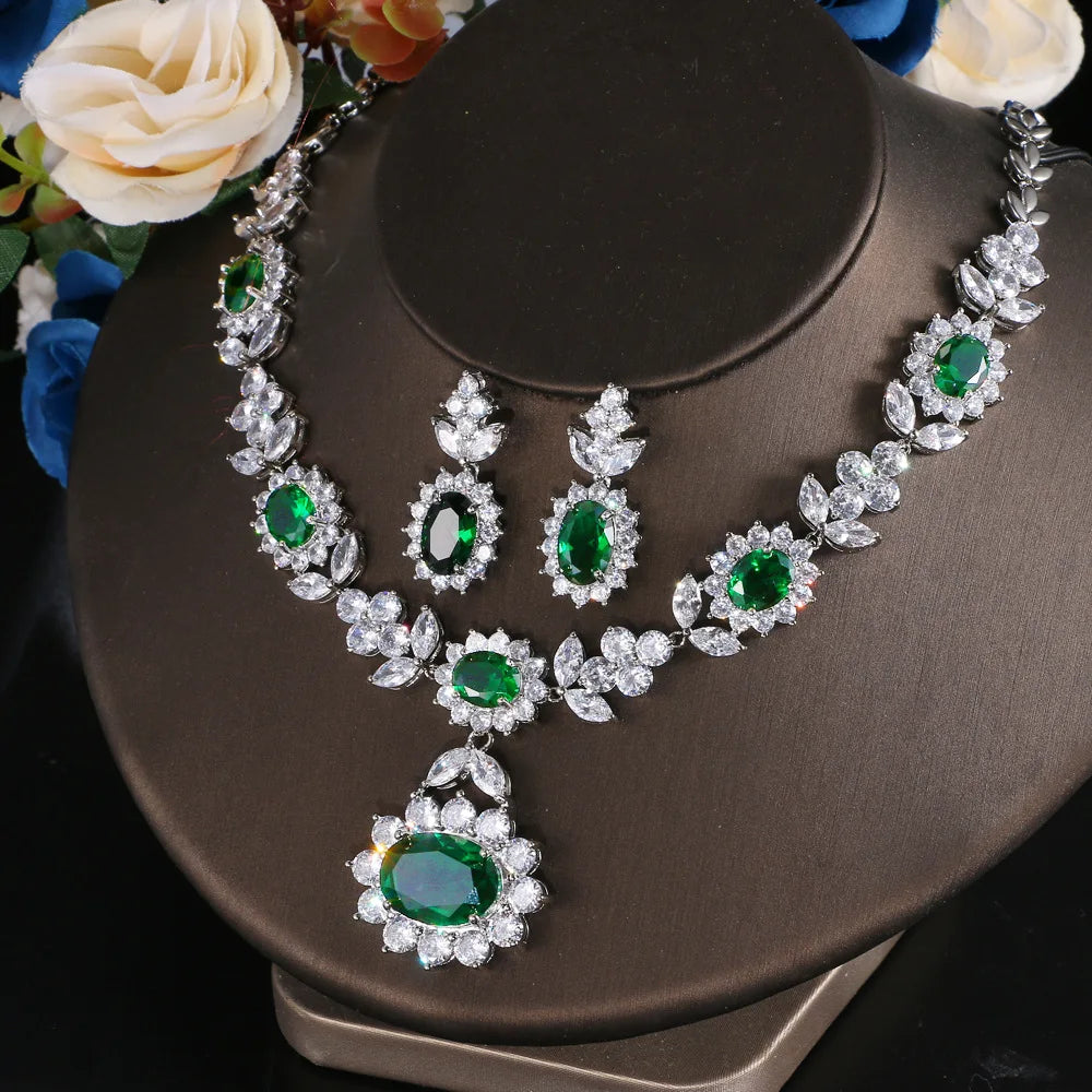 Luxury Emerald Necklace and Earring Set Shinny Cubic Zirconia Jewelry Set