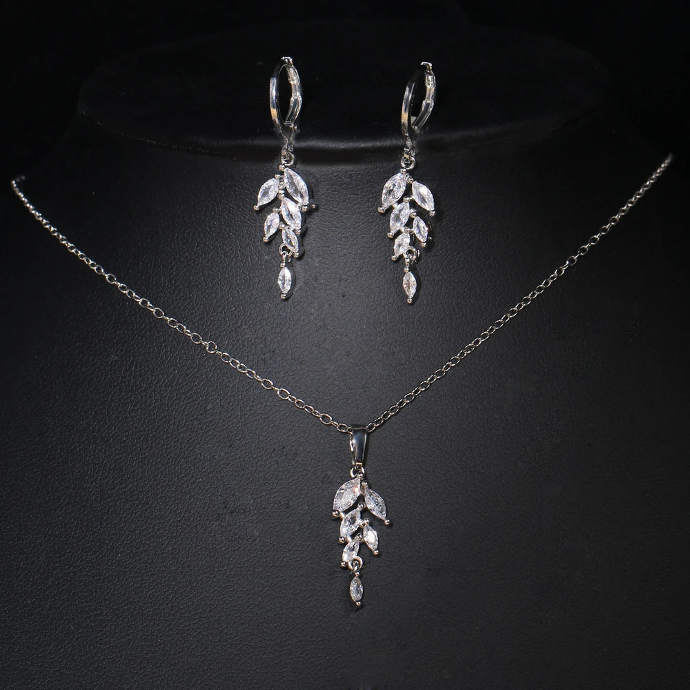 Zirconia Leaf Hook Earrings Necklace Set for Women