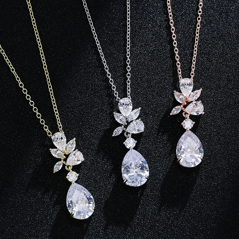 Luxury Cubic Zirconia Flower Crystal Bridal Necklace Water Drop Pendant Earrings Jewelry Set