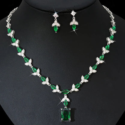 Luxury Emerald Necklace and Earring Set Shinny Cubic Zirconia Jewelry Set