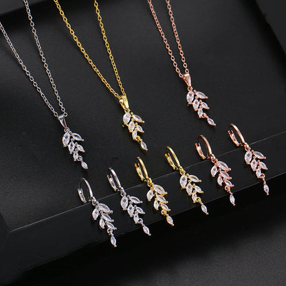 Zirconia Leaf Hook Earrings Necklace Set for Women