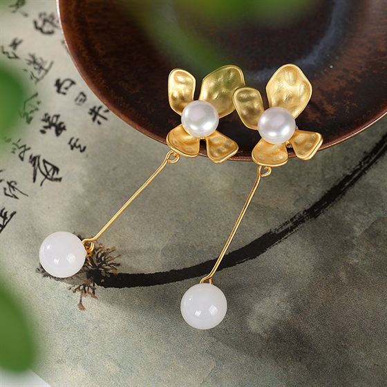 Elegant Round Natural Nephrite Flower 925 Sterling Silver Dangling Earrings