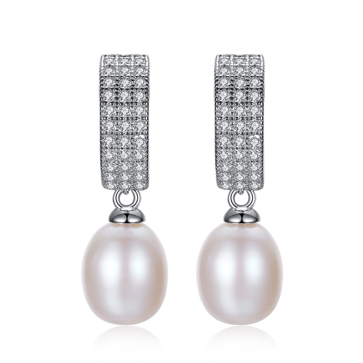 New Oval Natural Pearl 925 Silver CZ Dangling Earrings