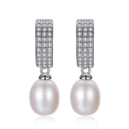 New Oval Natural Pearl 925 Silver CZ Dangling Earrings