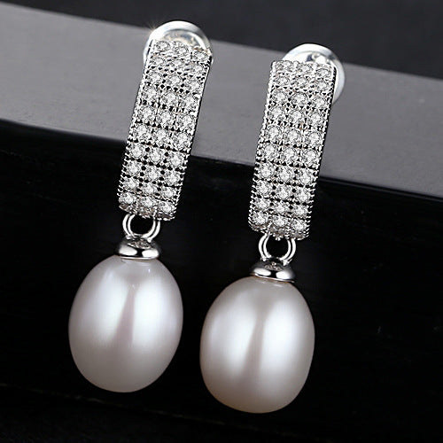 New Oval Natural Pearl 925 Silver CZ Dangling Earrings