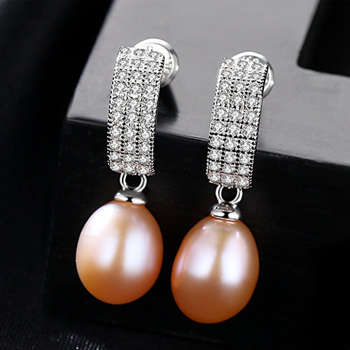 New Oval Natural Pearl 925 Silver CZ Dangling Earrings