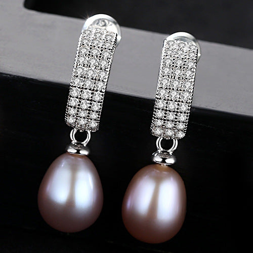 New Oval Natural Pearl 925 Silver CZ Dangling Earrings